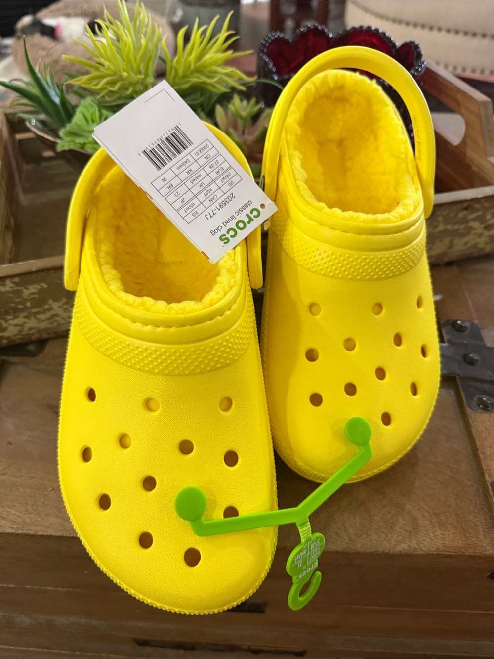 CROCS Yellow Fuzz-Lined Clogs with Heel Strap